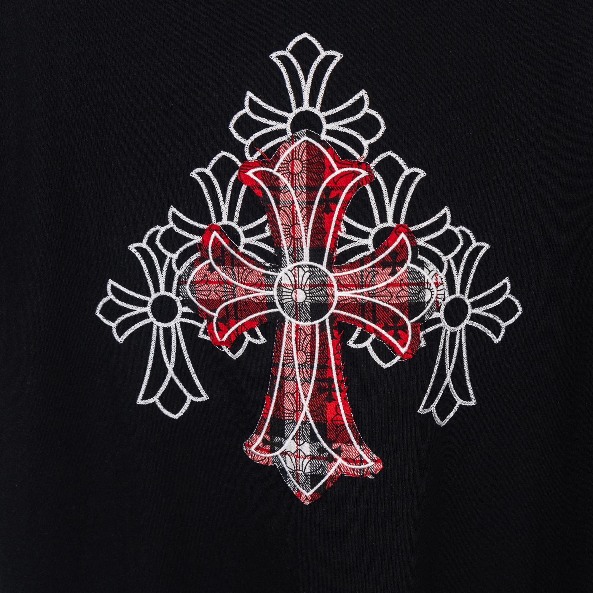 Black T-shirt with large red and white cross embroidery with outlined floral details