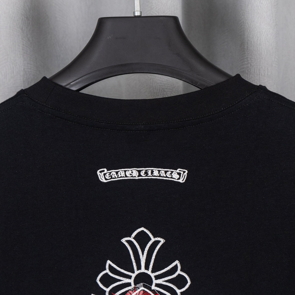 Black T-shirt neckline with white and red chest logo graphic