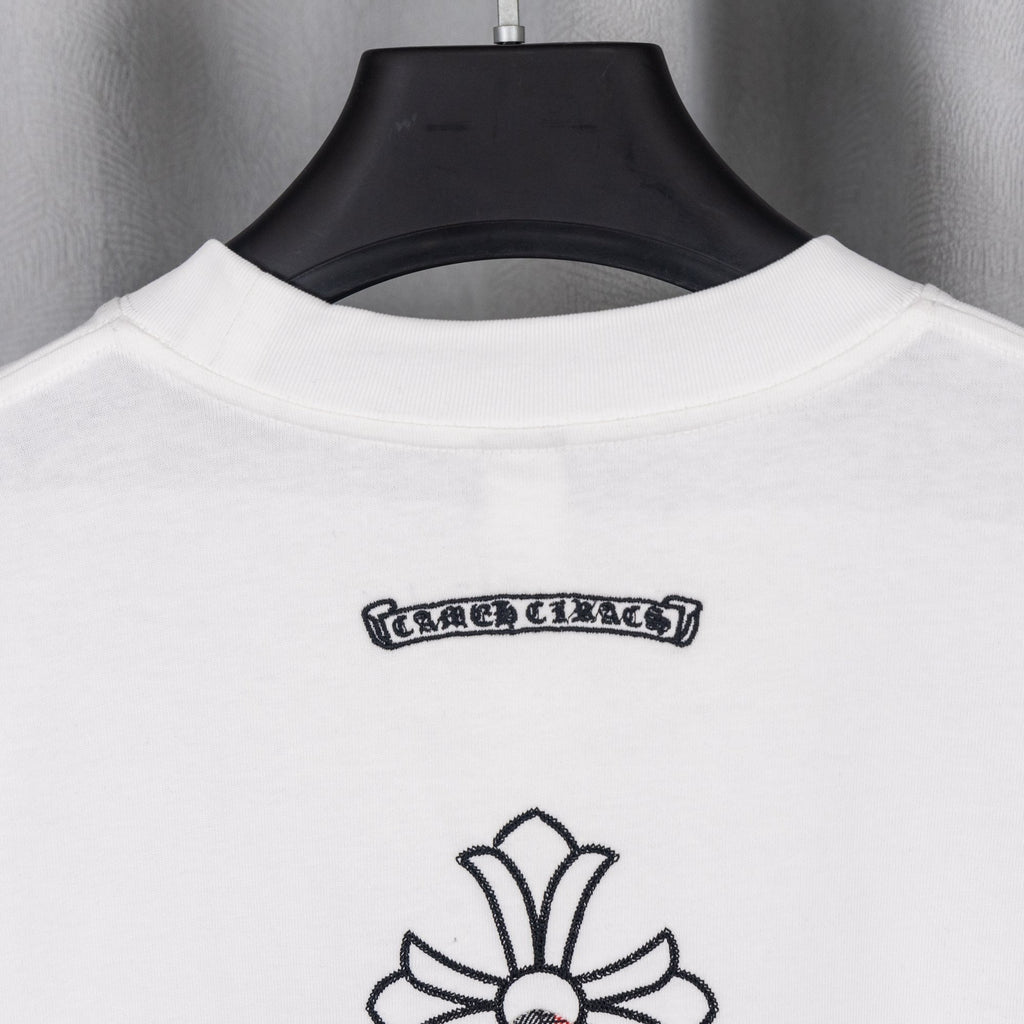 White crew-neck T-shirt collar with small back logo label and black outline graphic