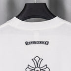 White crew-neck T-shirt collar with small back logo label and black outline graphic