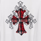 White T-shirt with large red plaid cross graphic with floral accents
