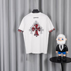 White crew-neck short-sleeve T-shirt with large back cross graphic and plaid sleeve trim