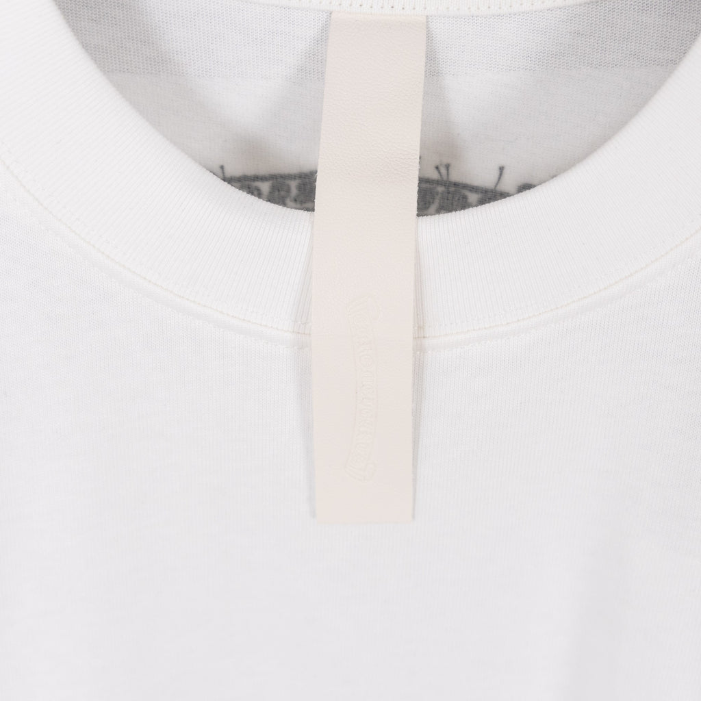 White crew-neck T-shirt neckline and inner neck tape detail