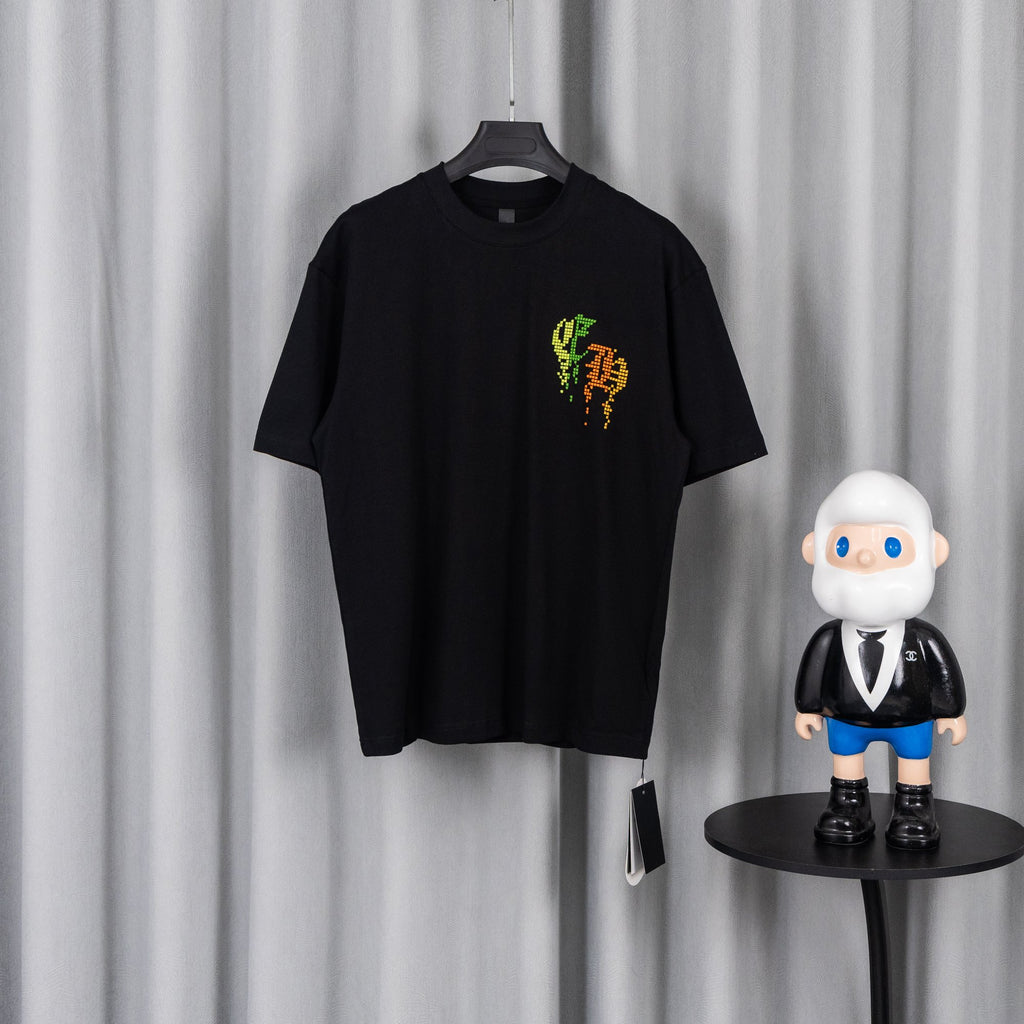 Black short-sleeve T-shirt with neon pixel logo on chest.