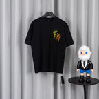 Black short-sleeve T-shirt with neon pixel logo on chest.