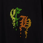 Black T-shirt chest print with neon green and orange pixel graphic.