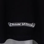 Black T-shirt with white rectangular text logo at lower chest.