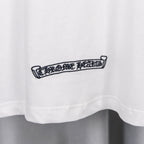 White T-shirt with small ribbon-style graphic at lower chest