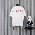 White crewneck short-sleeve T-shirt with colorful pixel-style graphic on back