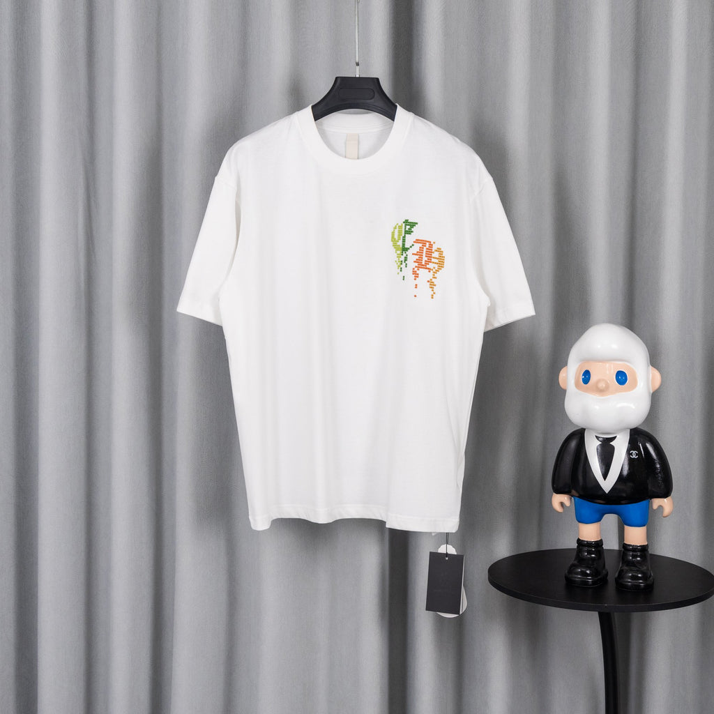 White crewneck short-sleeve T-shirt with colorful pixel-style logo on chest