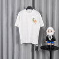 White crewneck short-sleeve T-shirt with colorful pixel-style logo on chest