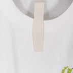 White crewneck T-shirt with plain neckline and hanging brand tag