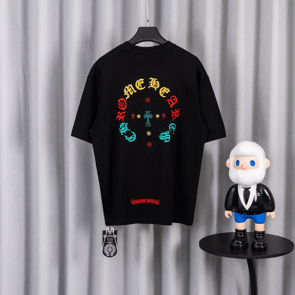 Black short-sleeve T-shirt with colorful circular cross graphic on back