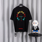 Black short-sleeve T-shirt with colorful circular cross graphic on back