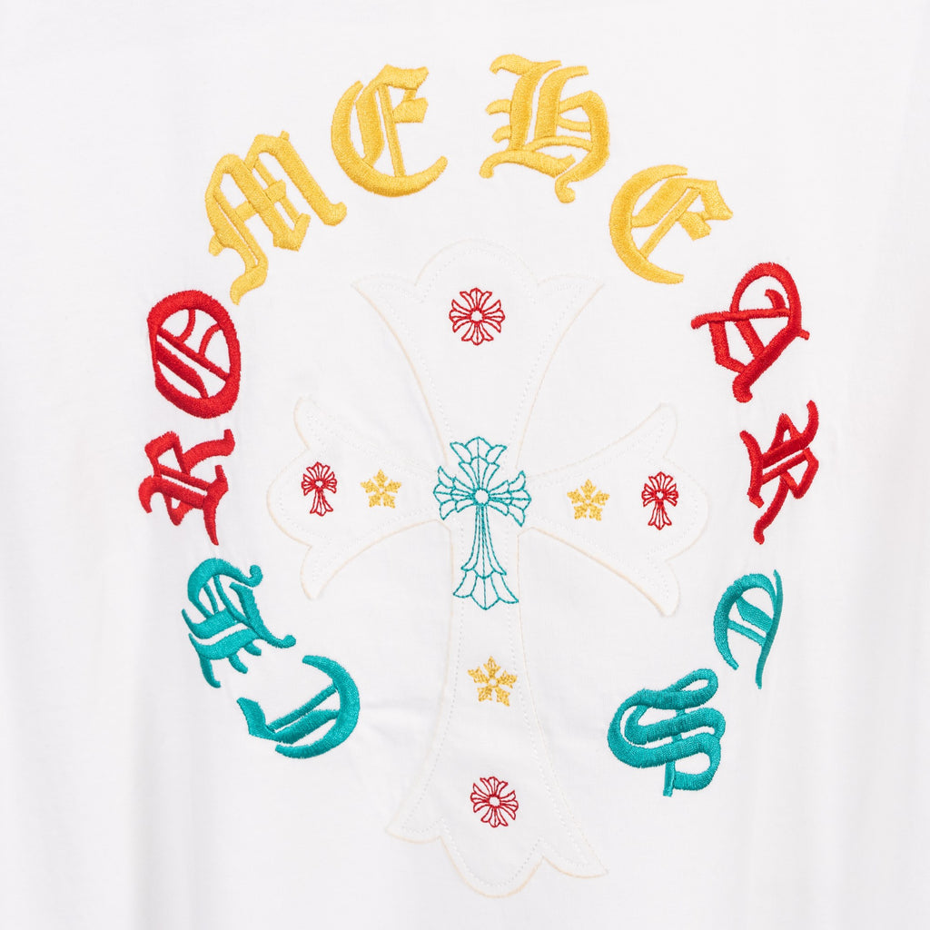 White T-shirt with circular multicolor graphic featuring a central cross shape.