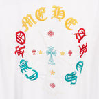 White T-shirt with circular multicolor graphic featuring a central cross shape.