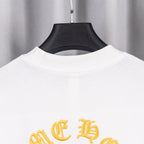 White T-shirt back neckline with yellow lettering graphic at upper back.