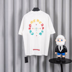White short-sleeve T-shirt with colorful back graphic and small red logo.
