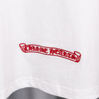 White T-shirt with red rectangular logo print near the lower front.