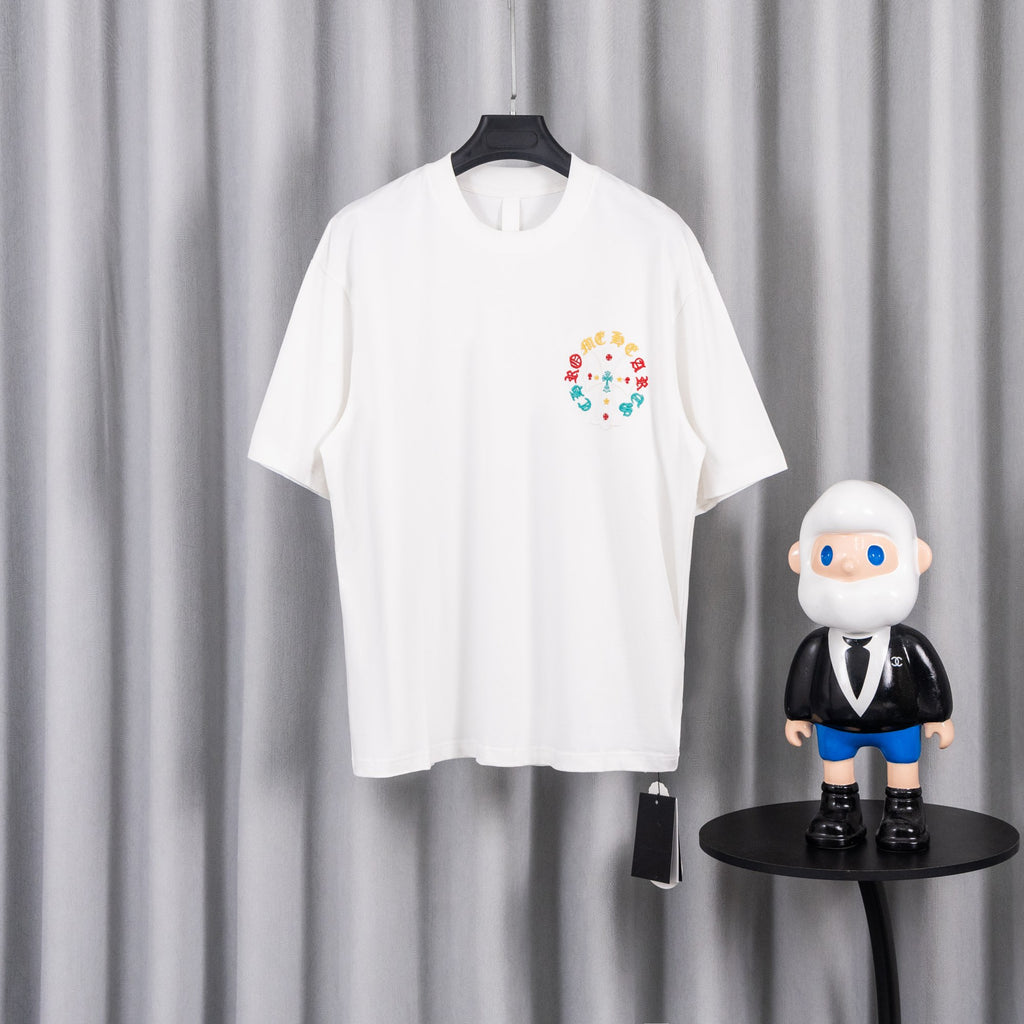 White short-sleeve T-shirt with colorful circular graphic on chest.