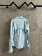 Ralph Lauren light blue zip-up jacket viewed from back with stand collar