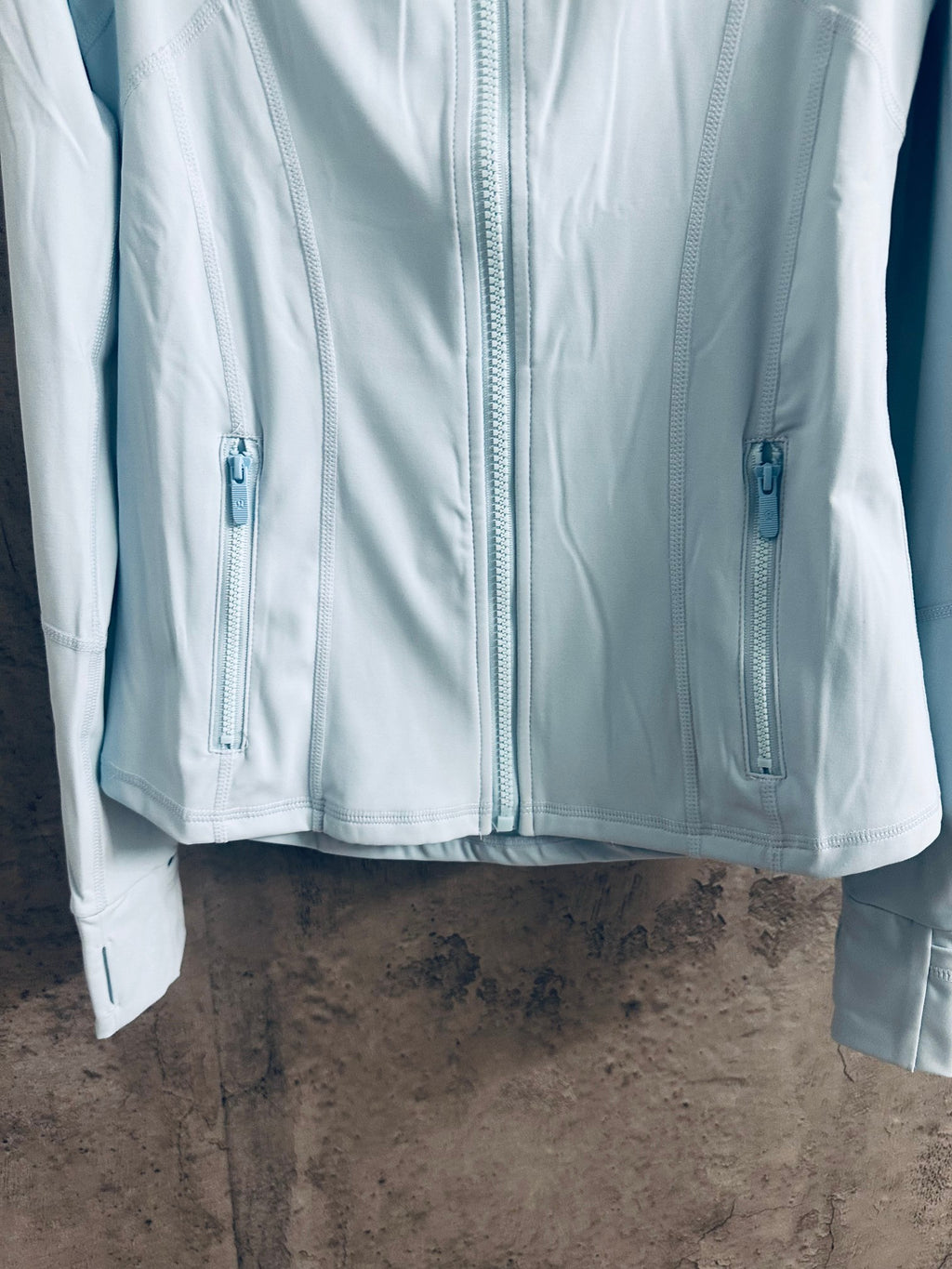 Ralph Lauren light blue zip-up jacket front with two side zippers and center zipper