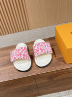 Louis Vuitton slide sandals, white with red monogram floral print and white footbed