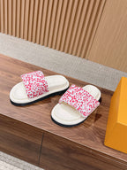 Louis Vuitton slide sandals, red monogram floral upper with white footbed and gray sole
