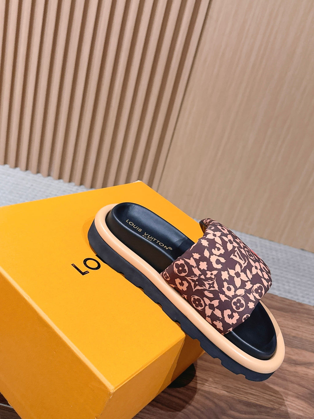 Louis Vuitton slide sandals in dark monogram print with beige midsole, on box