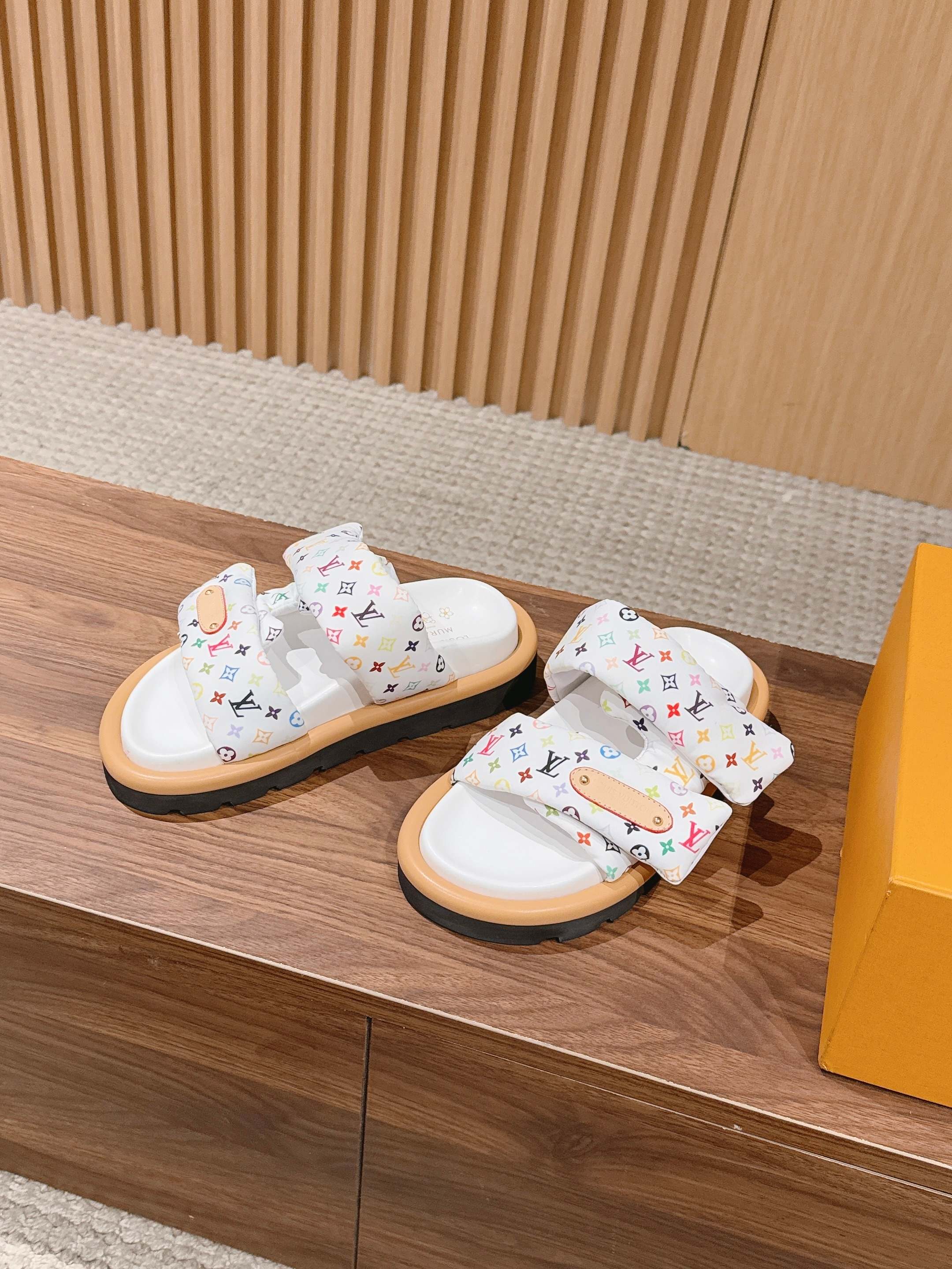 Louis Vuitton slide sandals, white multicolor monogram upper with adjustable toe strap