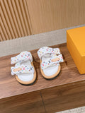 Louis Vuitton logo slide sandals with white multicolor monogram straps and black rubber sole