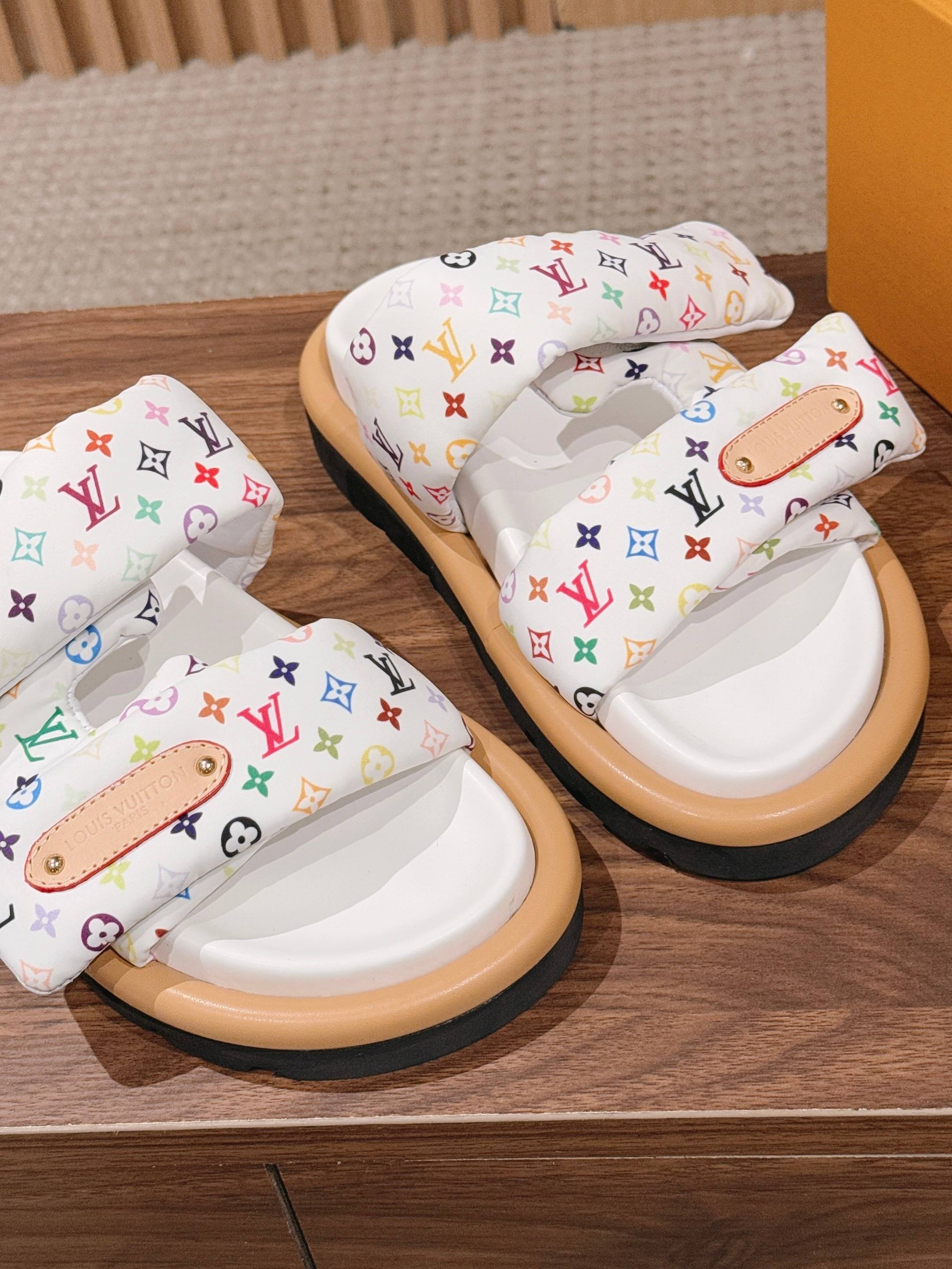 Louis Vuitton logo slide sandals, two pairs with white multicolor monogram uppers