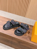 Slide sandals with black footbed and multicolor logo-print crossover straps