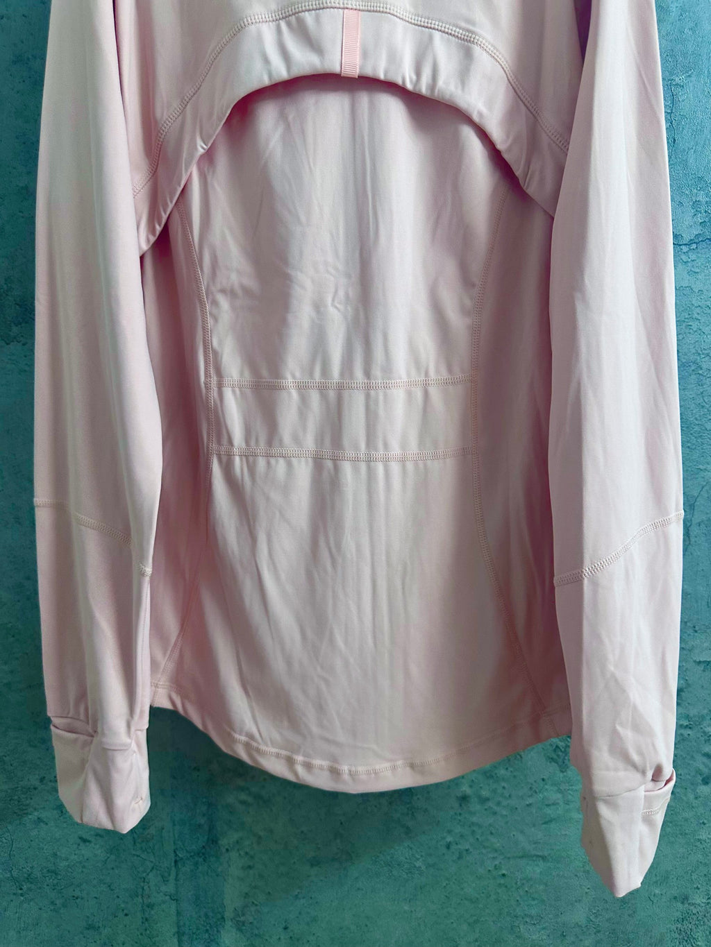 Light pink zip-up jacket back with arched panel and stand collar