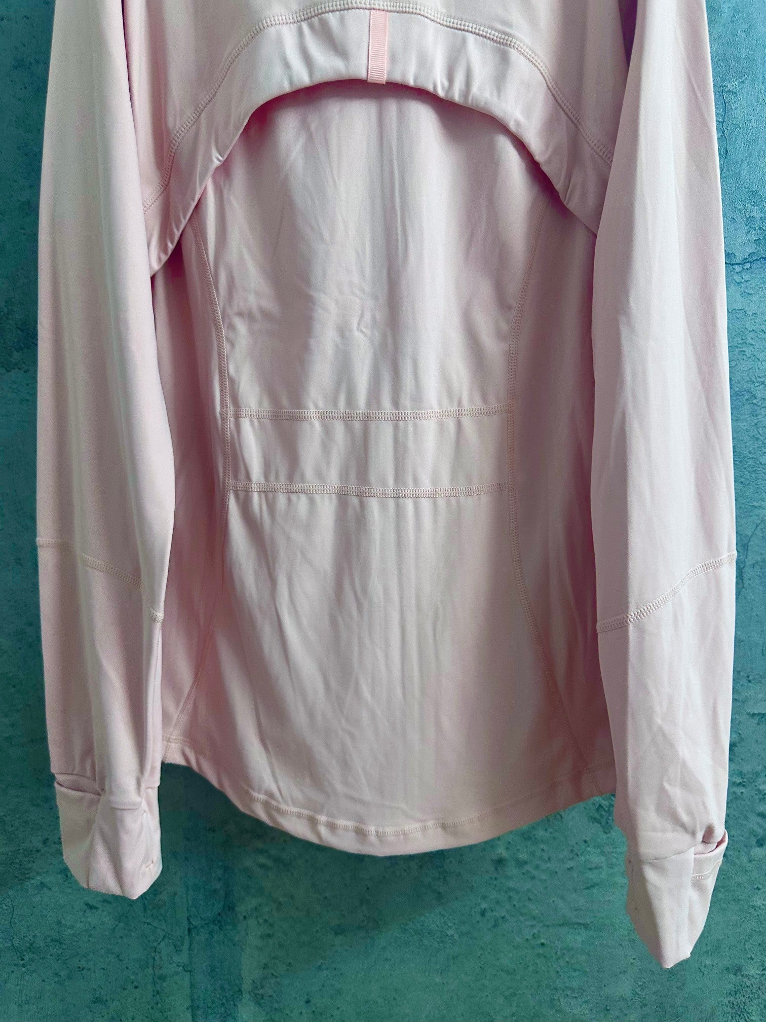 Light pink zip-up jacket back with arched panel and stand collar