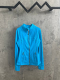 Light blue zip-up jacket with stand collar and front zipper