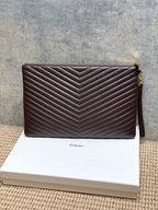 Quilted small YSL bag in dark brown with gold zipper and chain strap