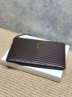 Quilted small YSL bag in dark brown with chevron texture and gold logo