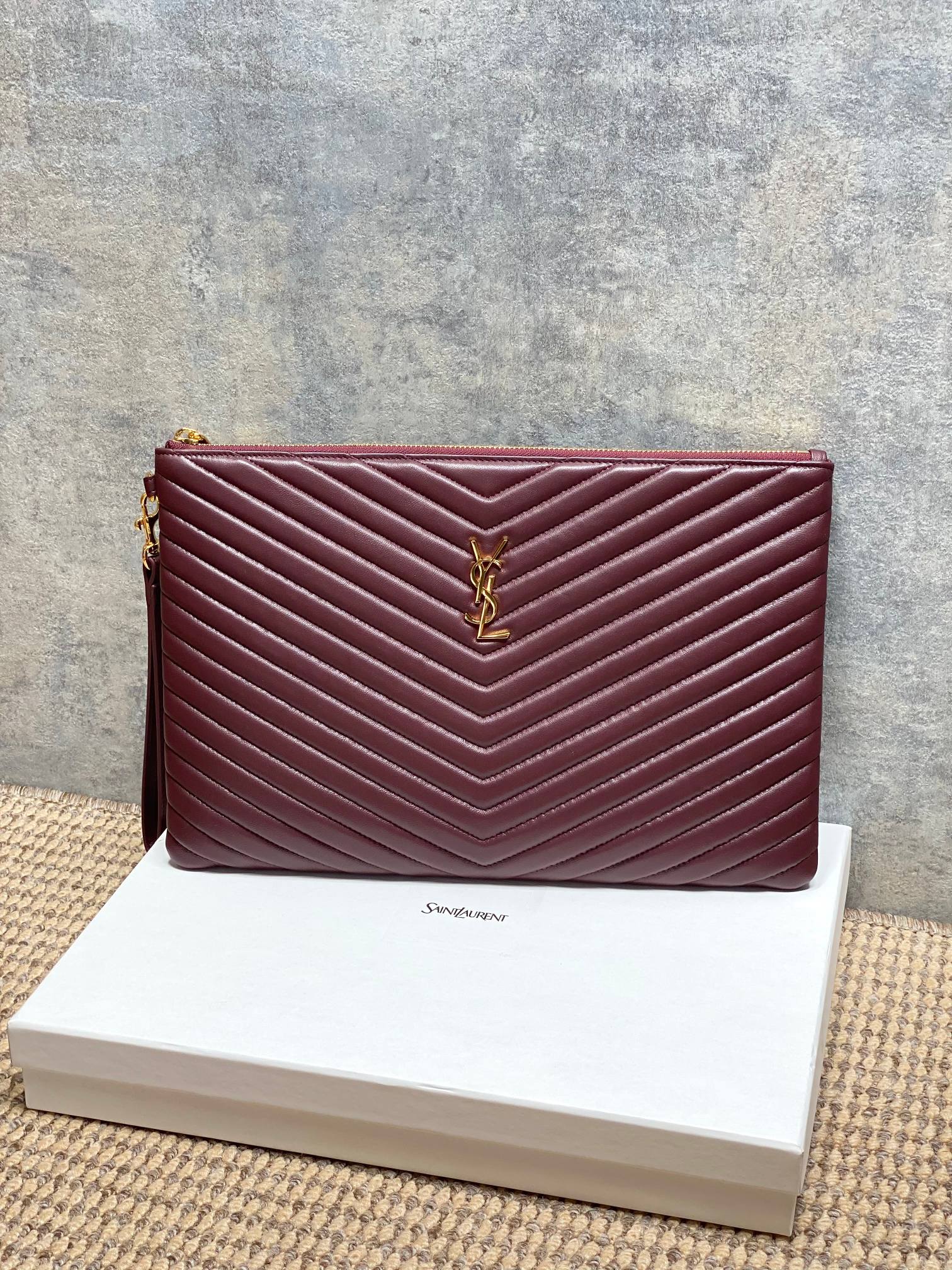 Women’s YSL small quilted bag, burgundy chevron pattern with gold logo