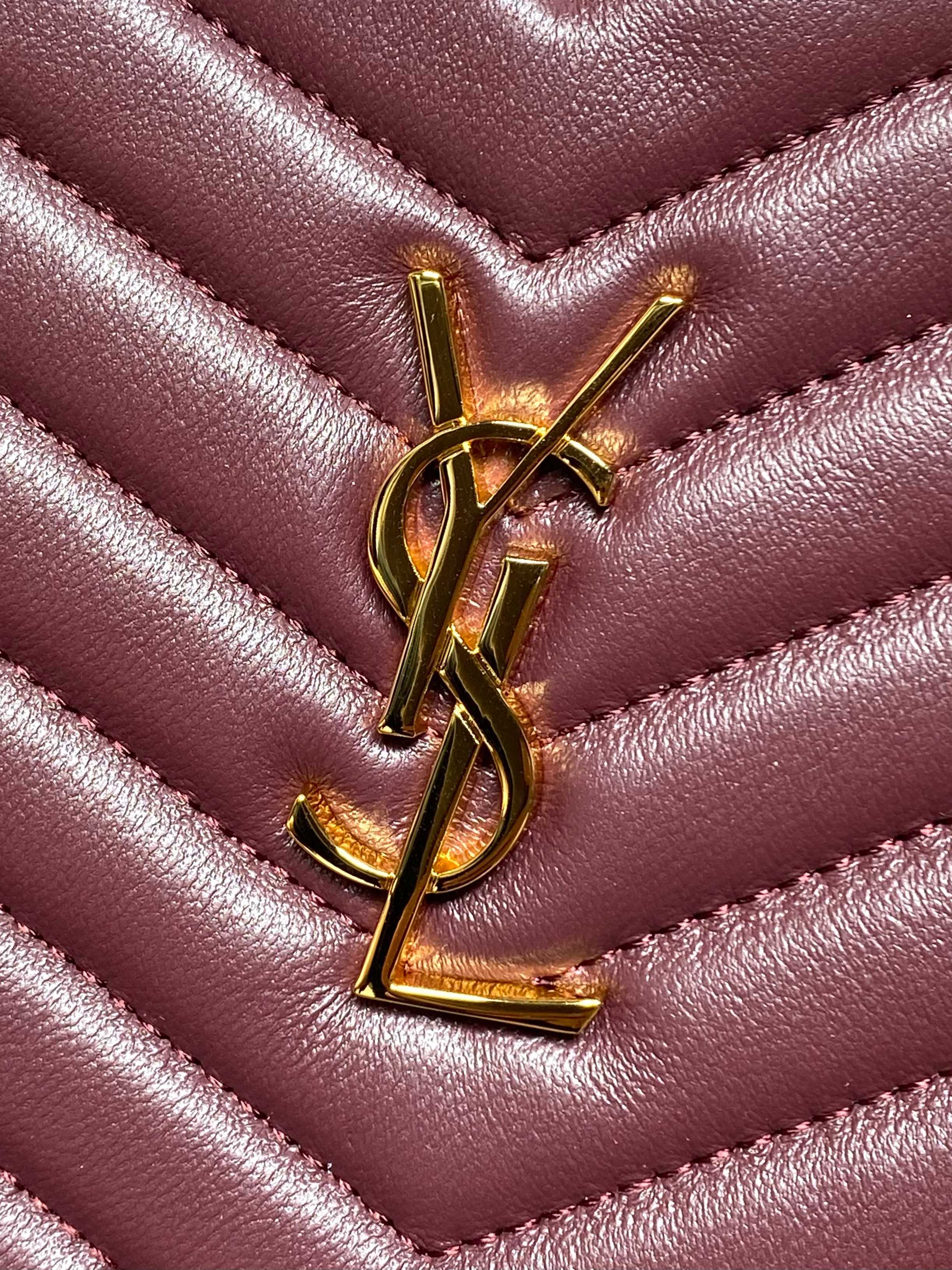 Burgundy leather chevron panel with gold-tone YSL logo emblem
