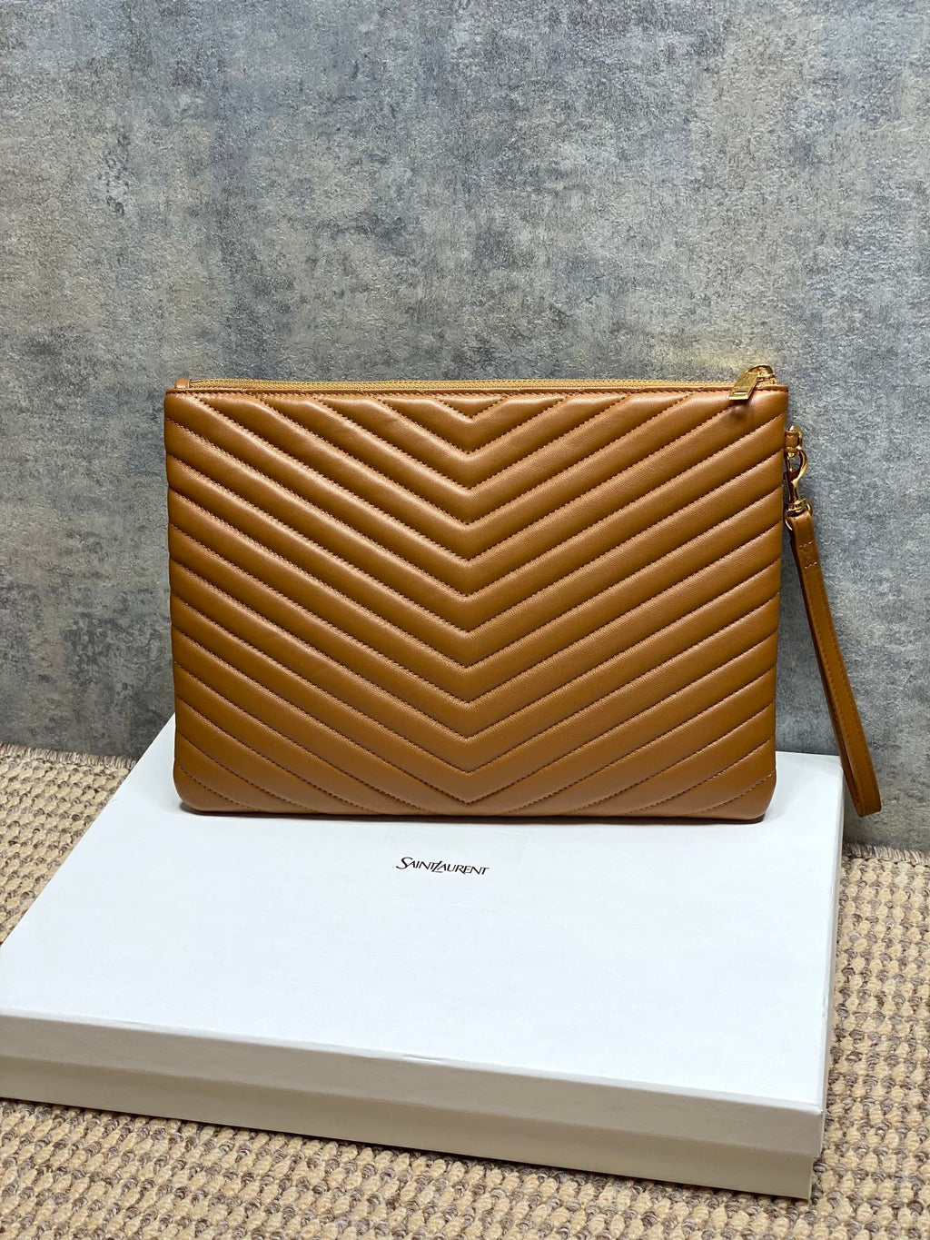 YSL small quilted shoulder bag in tan with chevron pattern, gold zip and hardware
