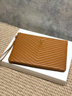 YSL quilted clutch bag, tan chevron leather with YSL emblem and zip top