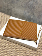 YSL tan quilted crossbody bag with chevron texture, gold YSL logo and zip closure