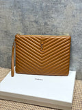 YSL quilted clutch bag, chevron pattern with YSL logo, tan leather and zip top