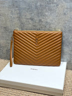YSL quilted clutch bag, chevron pattern with YSL logo, tan leather and zip top