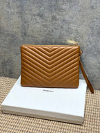 Small YSL quilted bag with chevron stitching, top zip, brown leather