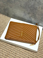 Small YSL quilted bag with chevron stitching, gold-tone hardware, brown leather