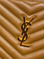 YSL gold metal logo on quilted chevron leather, brown