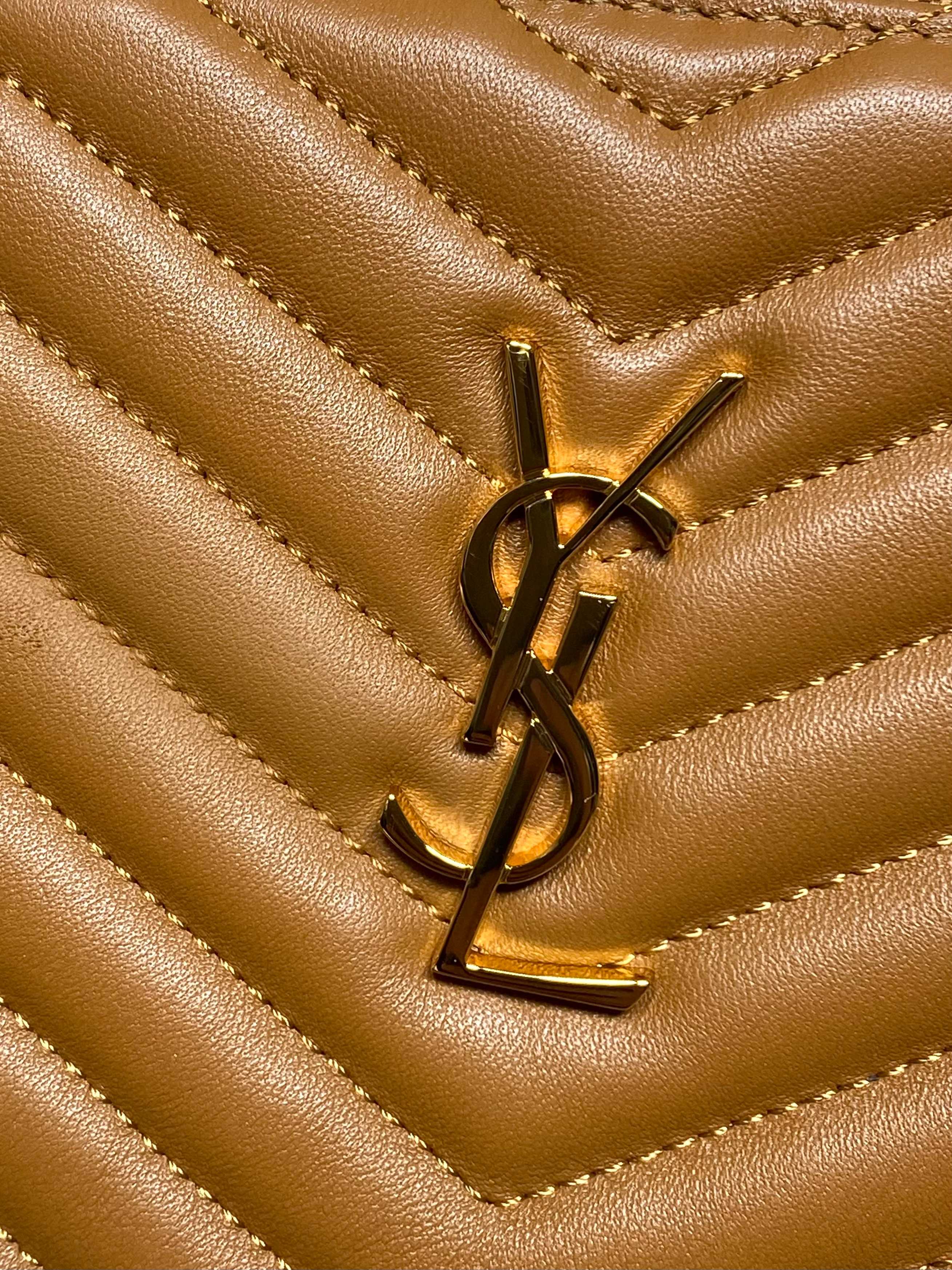 YSL gold-tone logo on chevron quilted leather, tan-brown.