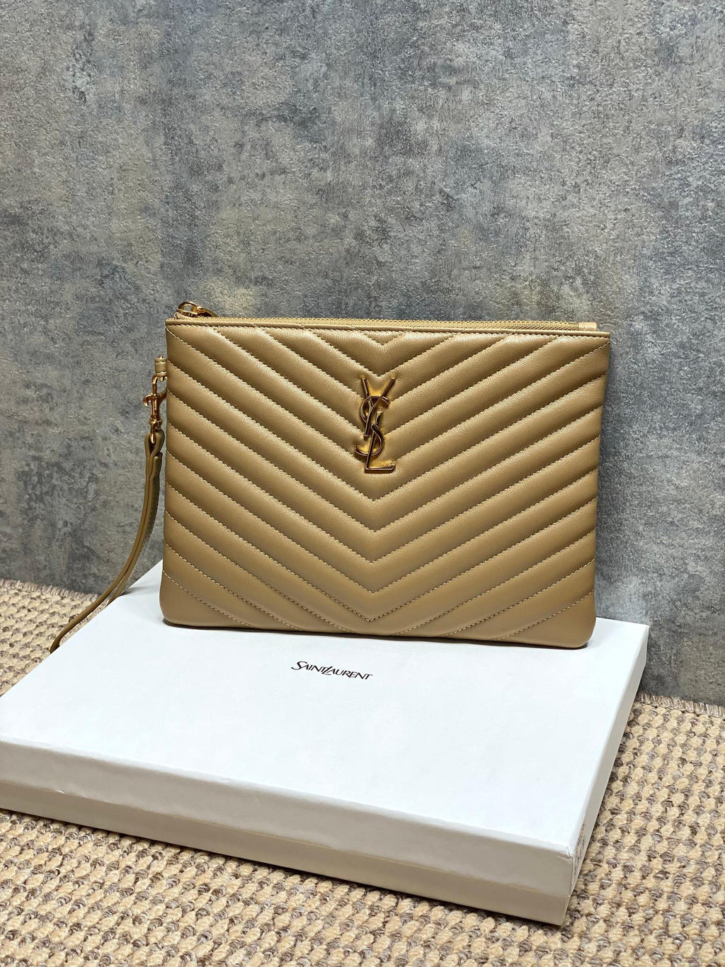 YSL quilted leather shoulder bag in light tan, chevron pattern, gold chain strap